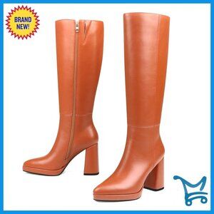 Knee High Boots Pointed Toe Chunky Heel Zipper Dress Boots